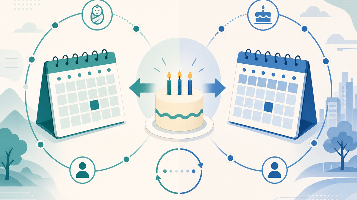 韓国の年齢の数え方と満年齢を説明するカレンダーと誕生日ケーキのイメージ