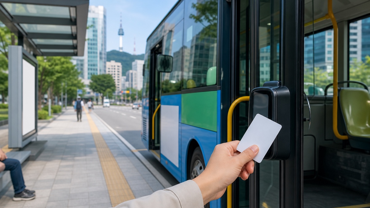 韓国のバスで交通カードをタッチして乗車するイメージ