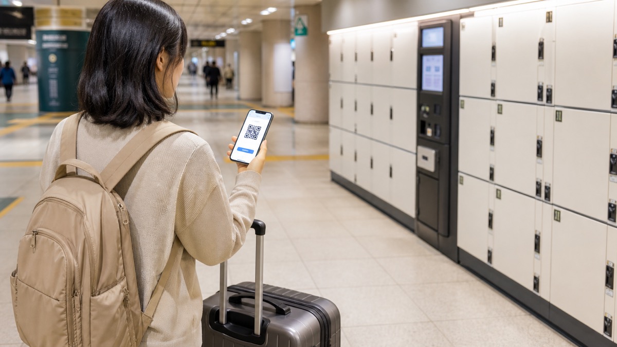 韓国の地下鉄駅でコインロッカーを使う旅行者とスーツケース