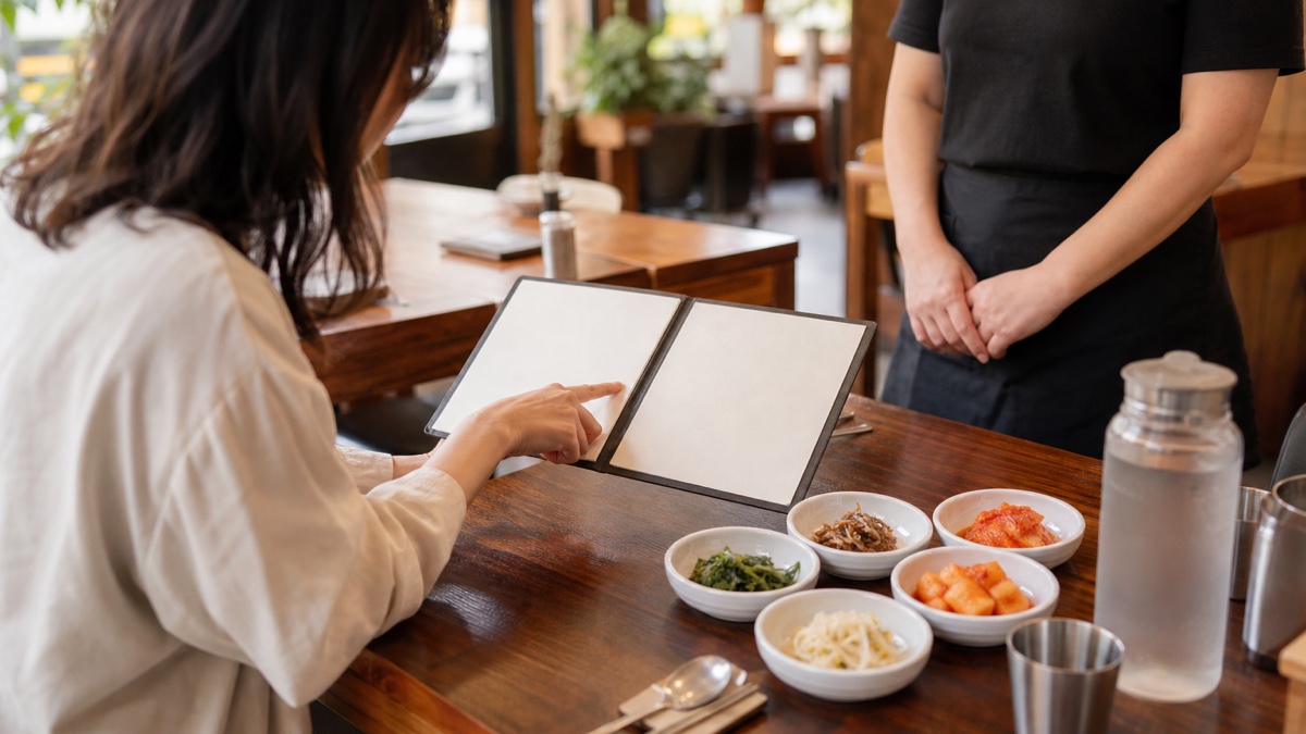 韓国の食堂でメニューを見ながら注文する旅行者