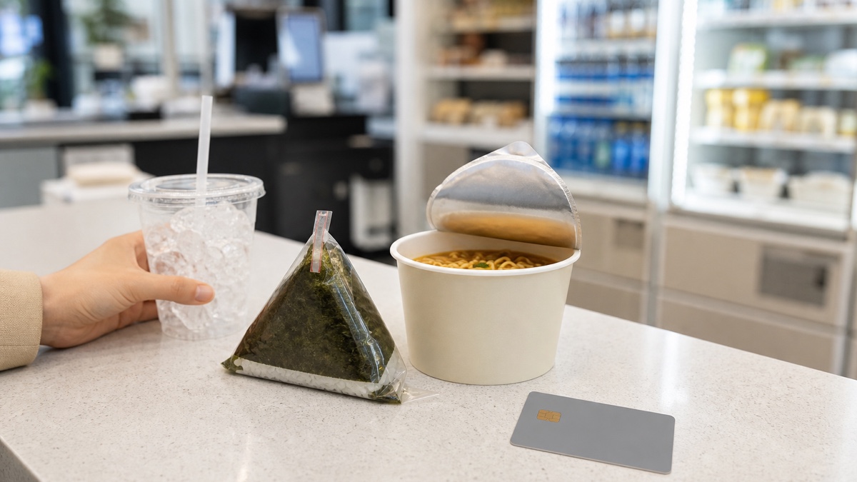 韓国コンビニで氷カップとラーメンを選ぶ旅行者の手元