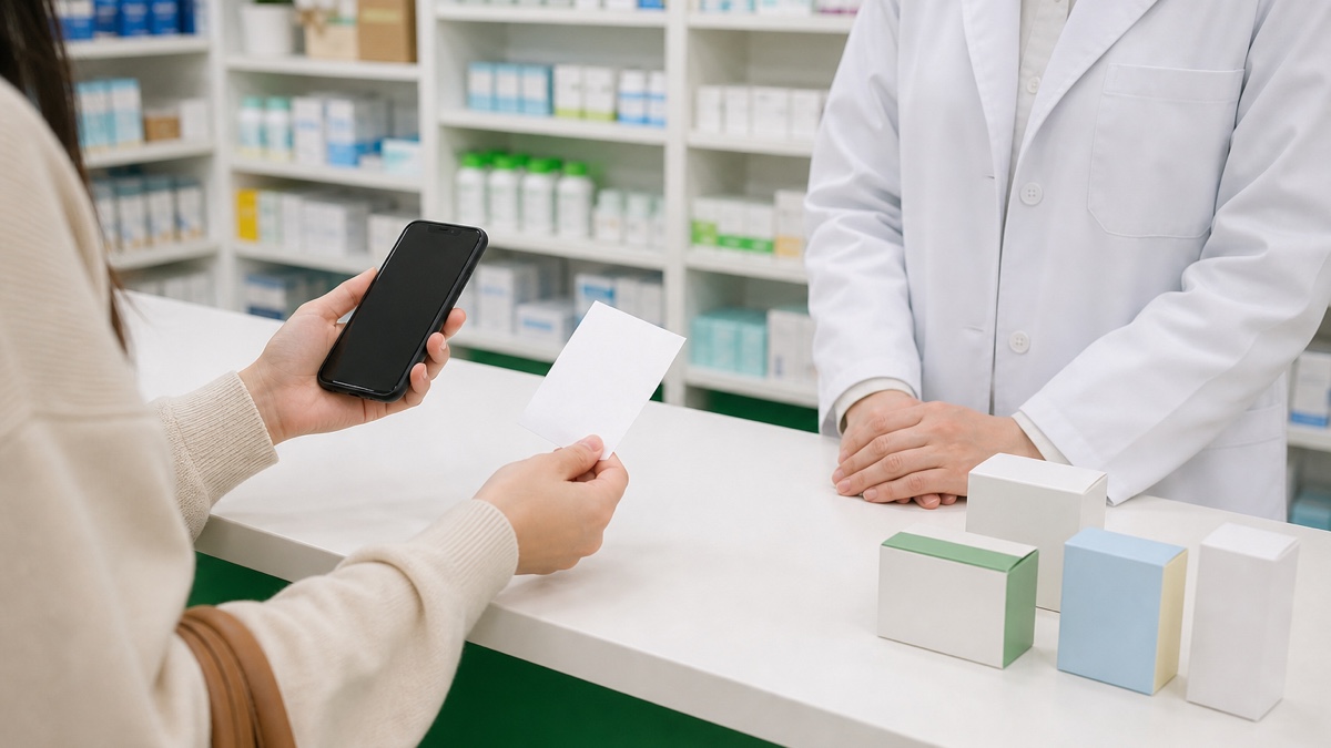 韓国の薬局で薬剤師に相談する旅行者の手元