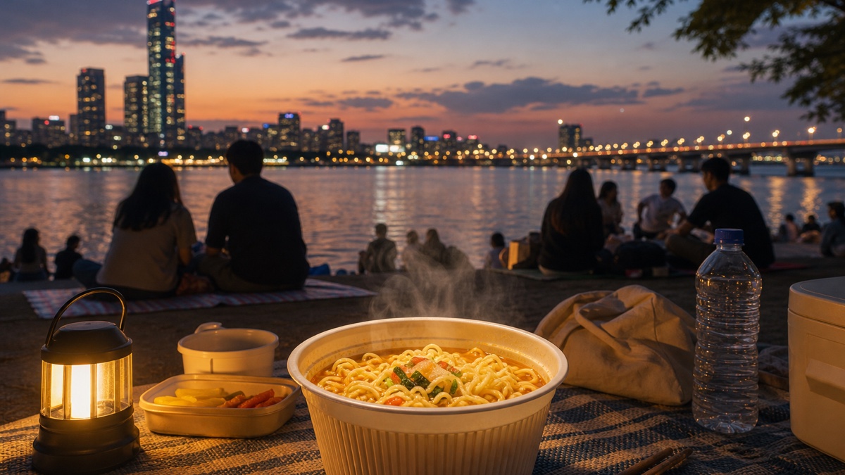 漢江の夜景を背景にラーメンを楽しむピクニックのイメージ