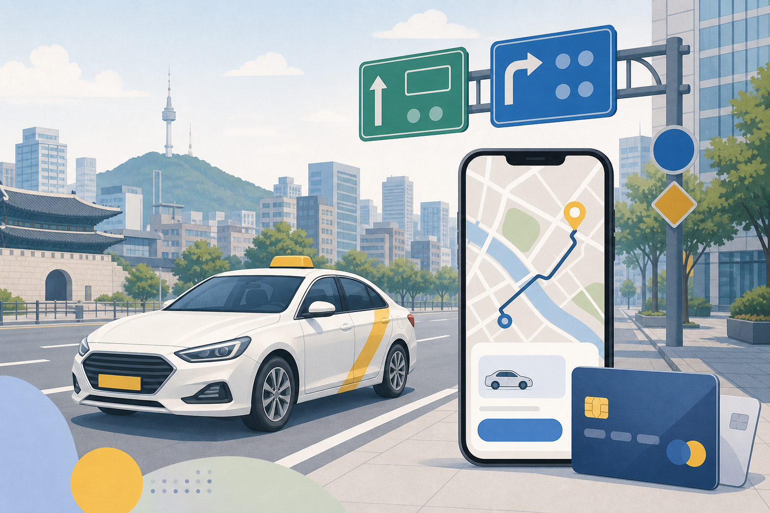 韓国旅行でタクシーを利用する場面を表したイラスト