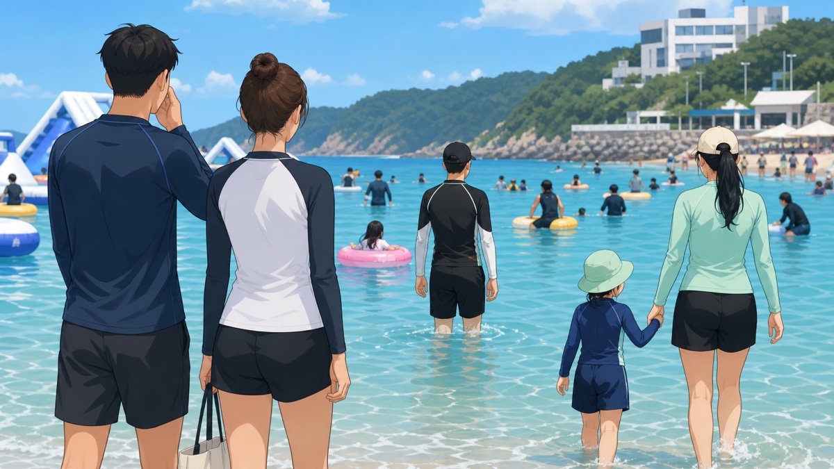 韓国の海やプールでラッシュガードを着て過ごす人々のイメージ