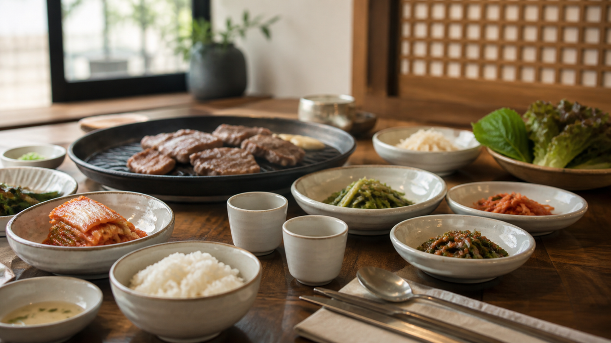 韓国の食事マナーを象徴する焼肉テーブル、バンチャン、箸とスプーン、乾杯用の小さな杯